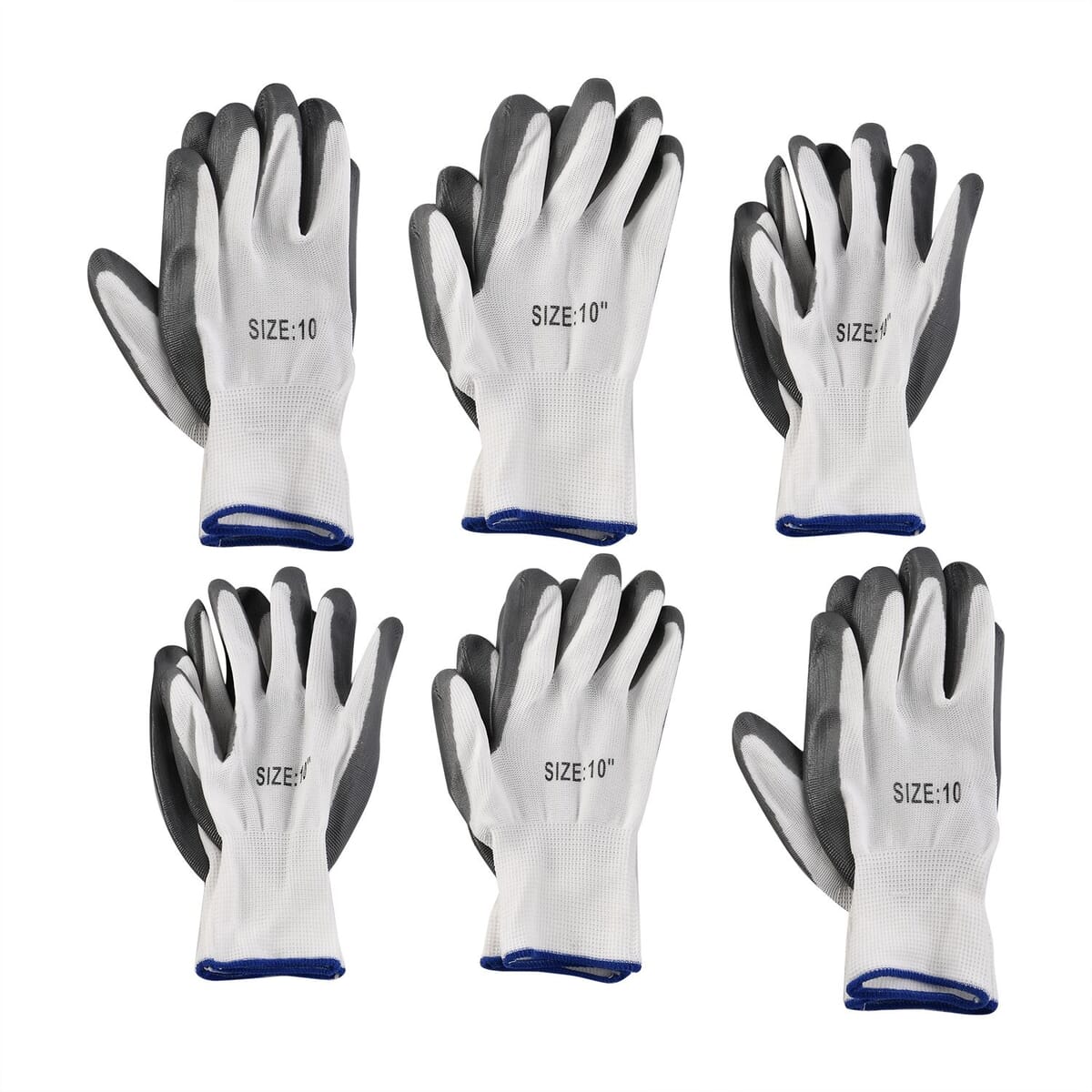 Set of 6 Pairs Grey Nylon Nitrile Garden Gloves (Size 10) image number 0