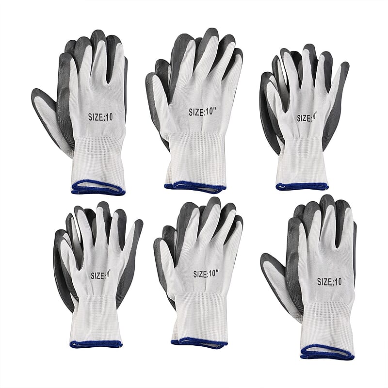 Set of 6 Pairs Gray Nylon Nitrile Garden Gloves (Size 10)