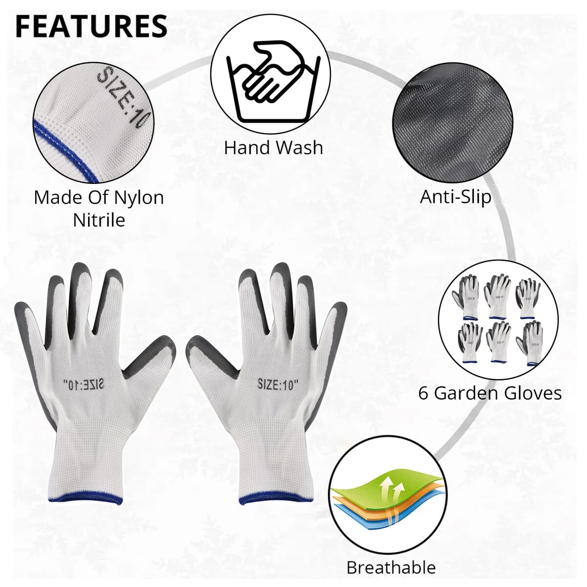 Set of 6 Pairs Grey Nylon Nitrile Garden Gloves (Size 10) image number 1