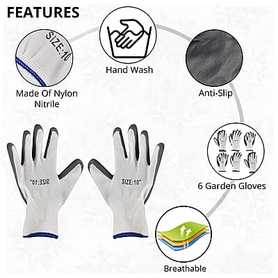 Set of 6 Pairs Gray Nylon Nitrile Garden Gloves (Size 10)