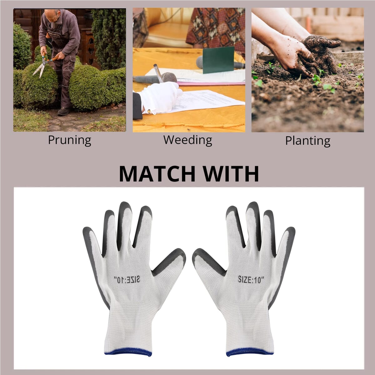 Set of 6 Pairs Grey Nylon Nitrile Garden Gloves (Size 10) image number 2