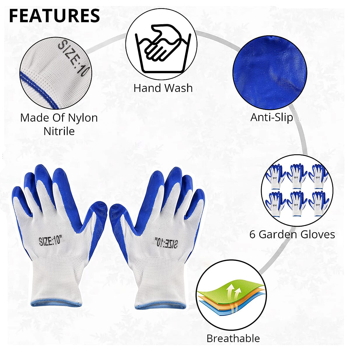 Set of 6 Pairs Blue Nylon Nitrile Garden Gloves (Size 10) image number 1