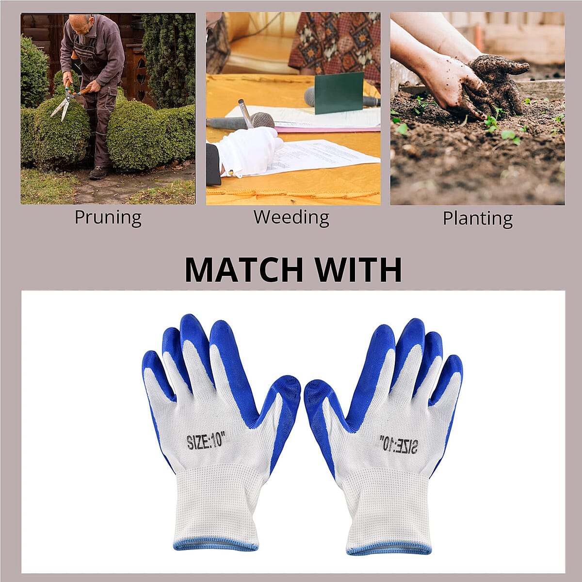 Set of 6 Pairs Blue Nylon Nitrile Garden Gloves (Size 10) image number 2