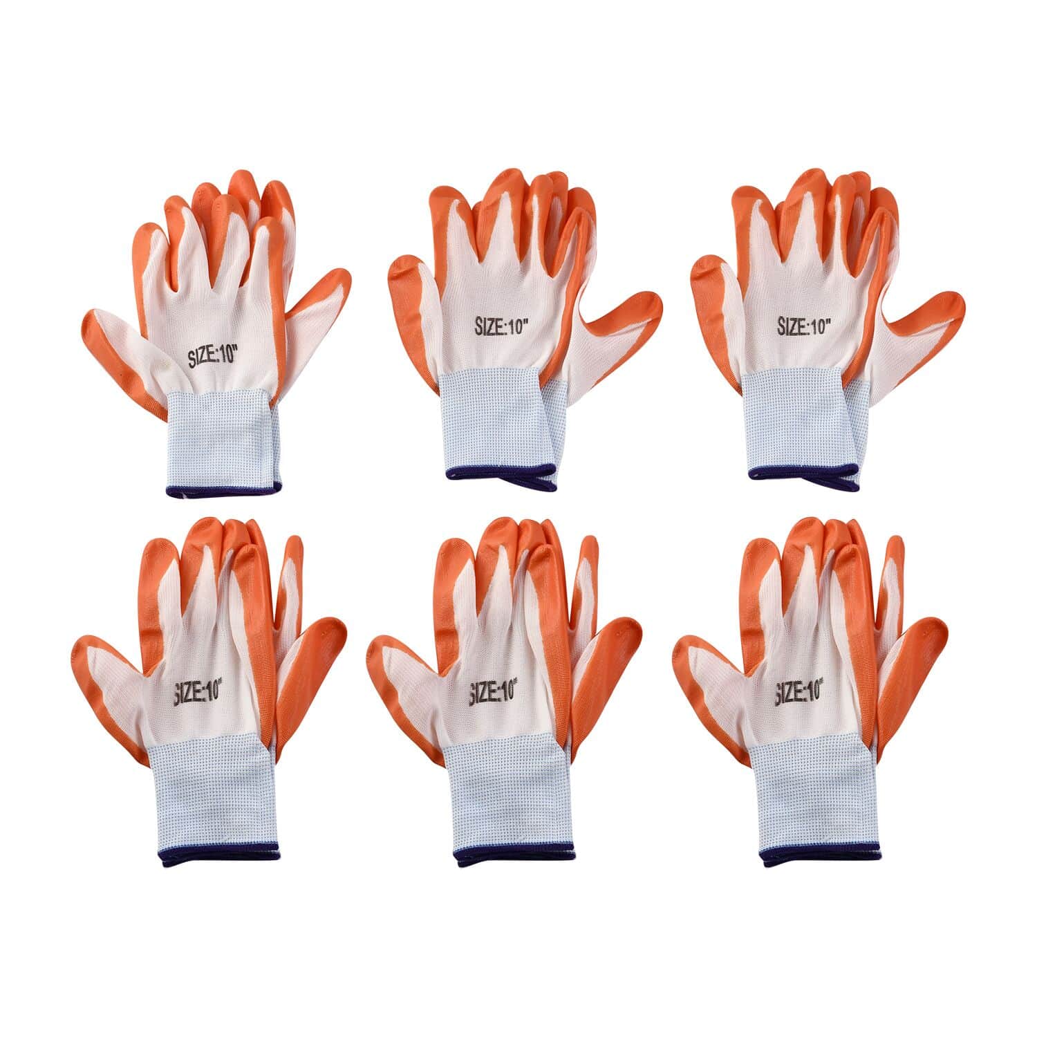 Buy Set of 6 Pairs Orange Nylon Nitrile Garden Gloves (Size 10) at