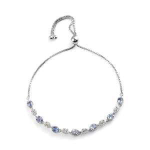 Ceylon Blue Sapphire and Zircon Bolo Bracelet in Platinum Over Sterling Silver 2.35 ctw