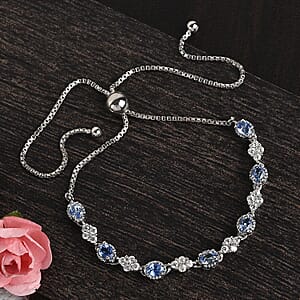 Ceylon Blue Sapphire and Zircon Bolo Bracelet in Platinum Over Sterling Silver 2.35 ctw