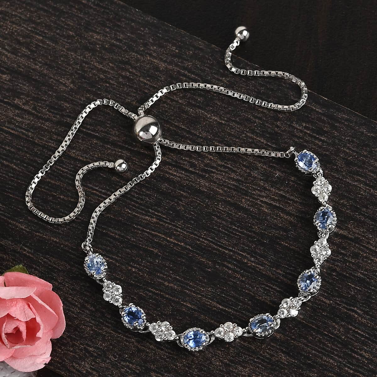 Ceylon Blue Sapphire and Zircon Bolo Bracelet in Platinum Over Sterling Silver 2.35 ctw image number 1