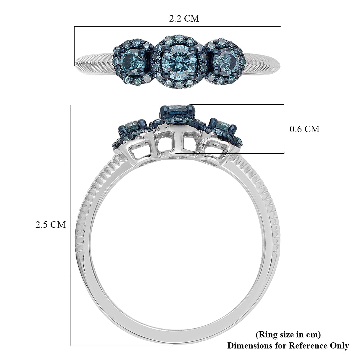 Venice Blue Diamond I1-I2 Trilogy Ring in Rhodium and Platinum Over Sterling Silver (Size 10.0) 0.50 ctw