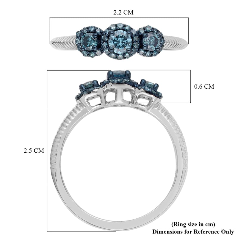 Venice Blue Diamond I1-I2 Trilogy Ring in Rhodium and Platinum Over Sterling Silver (Size 10.0) 0.50 ctw