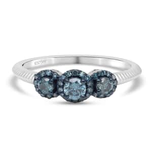 Venice Blue Diamond I1-I2 Trilogy Ring in Rhodium and Platinum Over Sterling Silver (Size 6.0) 0.50 ctw