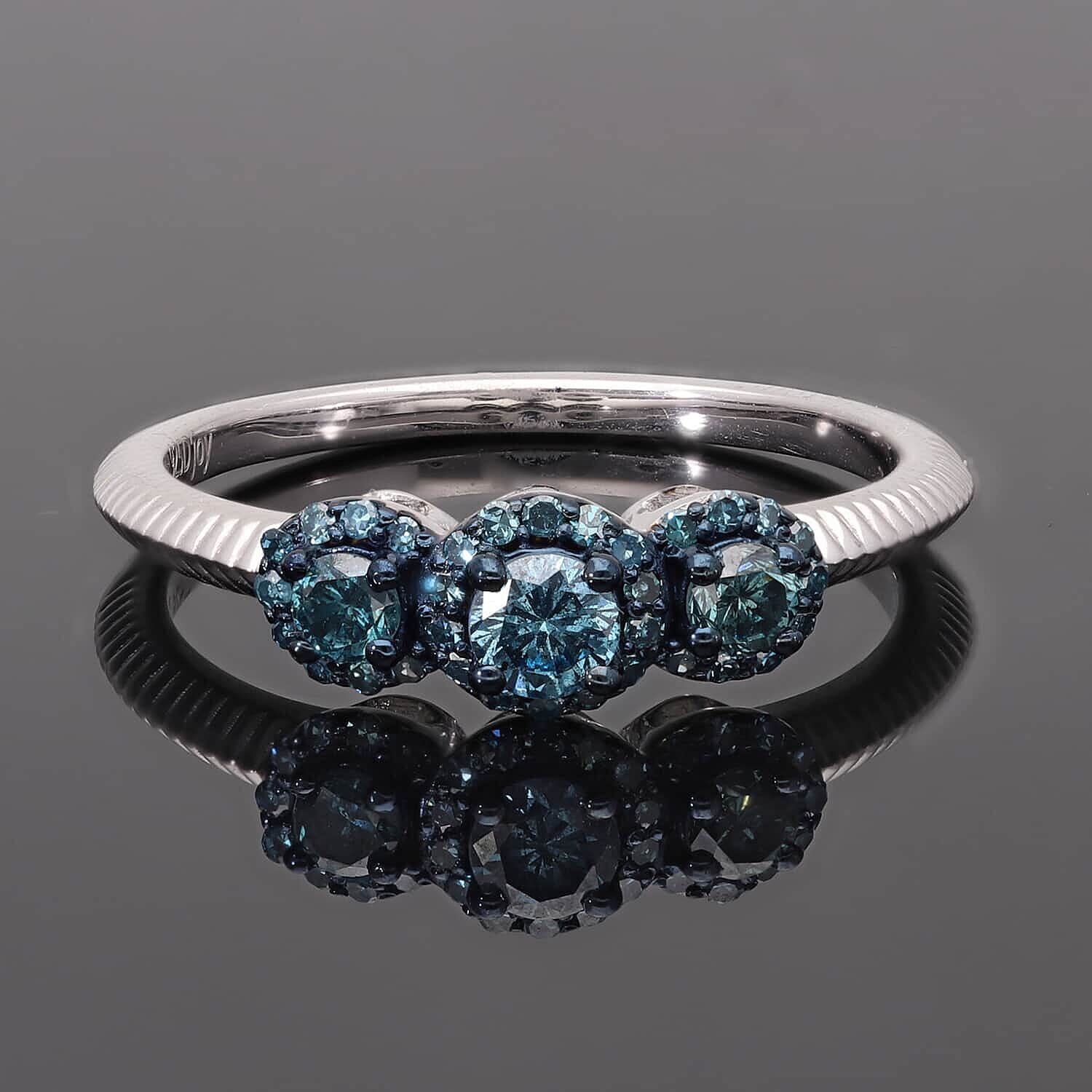 Venice Blue Diamond I1-I2 Trilogy Ring in Rhodium and Platinum Over Sterling Silver (Size 7.0) 0.50 ctw