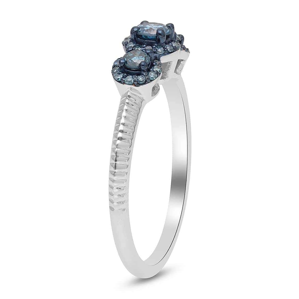 Venice Blue Diamond I1-I2 Trilogy Ring in Rhodium and Platinum Over Sterling Silver (Size 7.0) 0.50 ctw