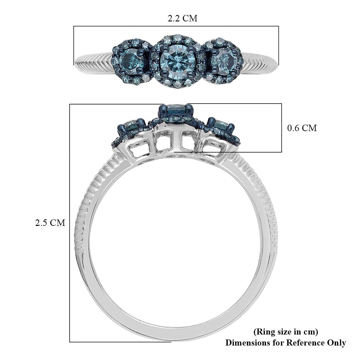 Venice Blue Diamond I1-I2 Trilogy Ring in Rhodium and Platinum Over Sterling Silver (Size 7.0) 0.50 ctw