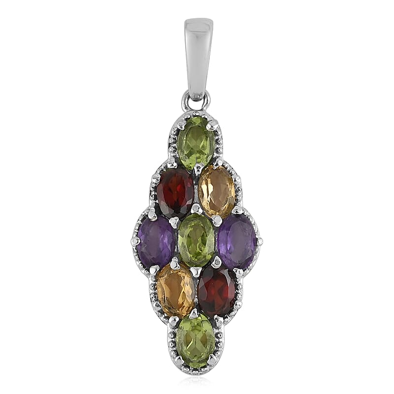Multi Gemstone Elongated Pendant in Stainless Steel 4.25 ctw