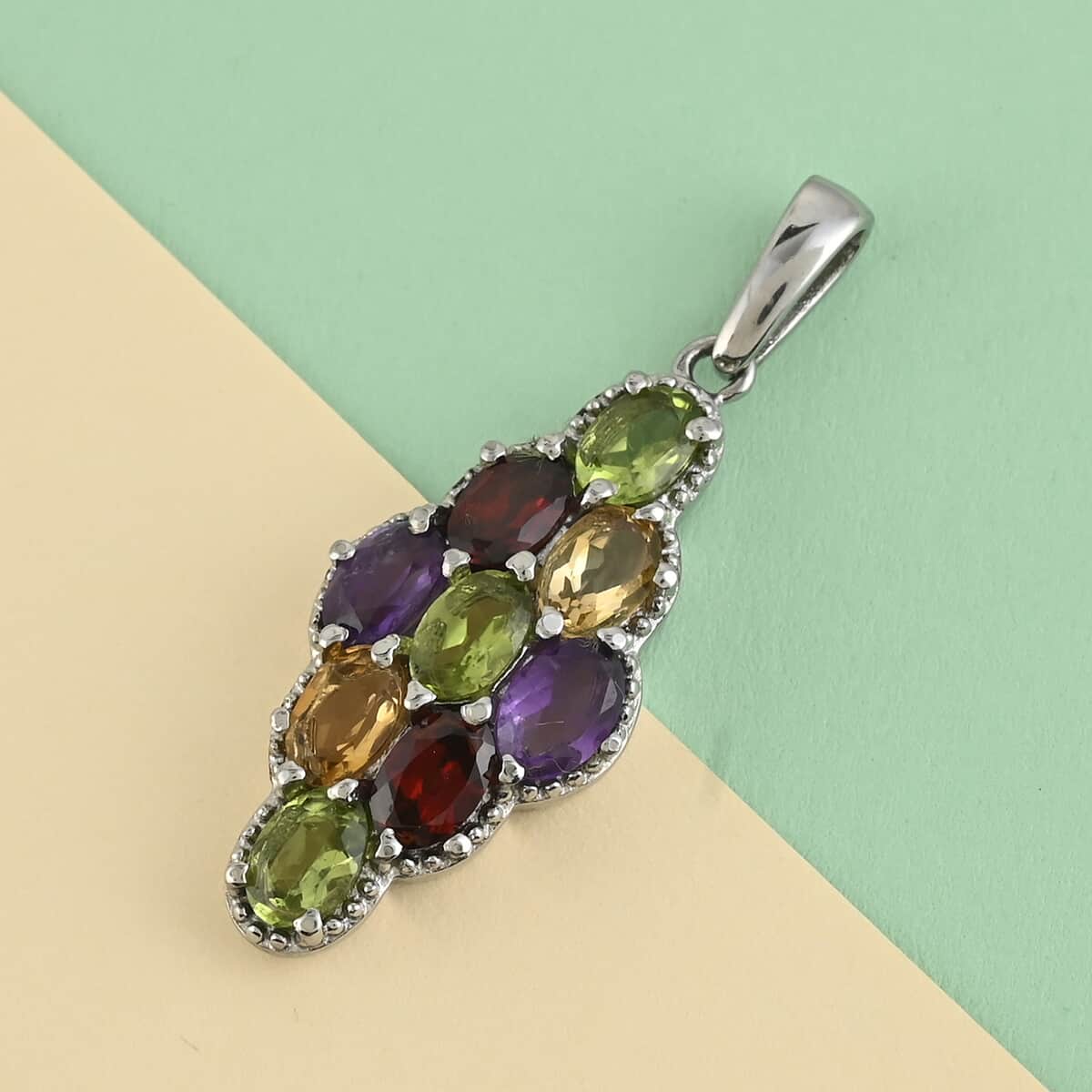 Multi Gemstone Elongated Pendant in Stainless Steel 4.25 ctw image number 1