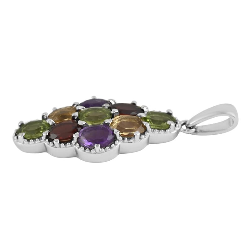 Multi Gemstone Elongated Pendant in Stainless Steel 4.25 ctw