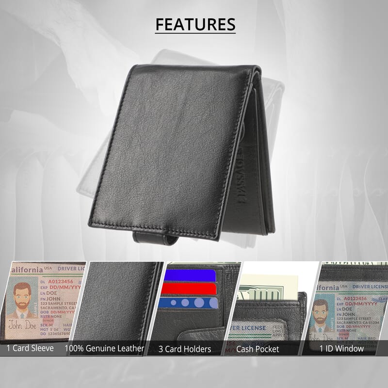 Passage Black Genuine Leather RFID Bi-Fold Men's Wallet with Snap Closure