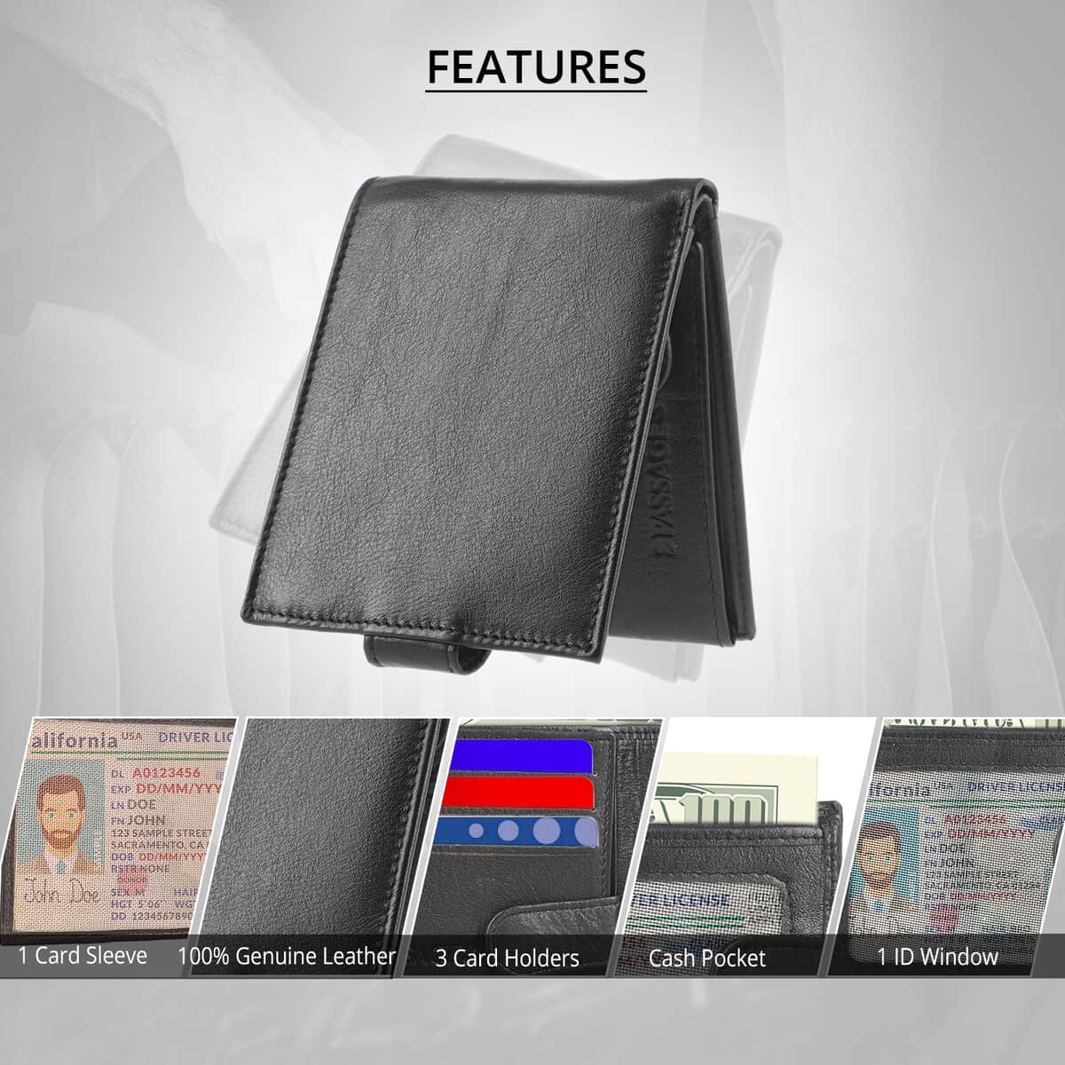 Black Genuine Leather RFID Men's Wallet (8.5"x3") image number 2