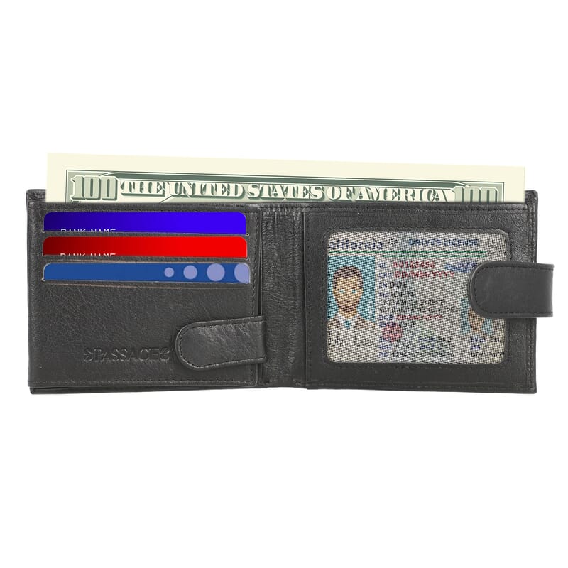 Passage Black Genuine Leather RFID Bi-Fold Men's Wallet with Snap Closure