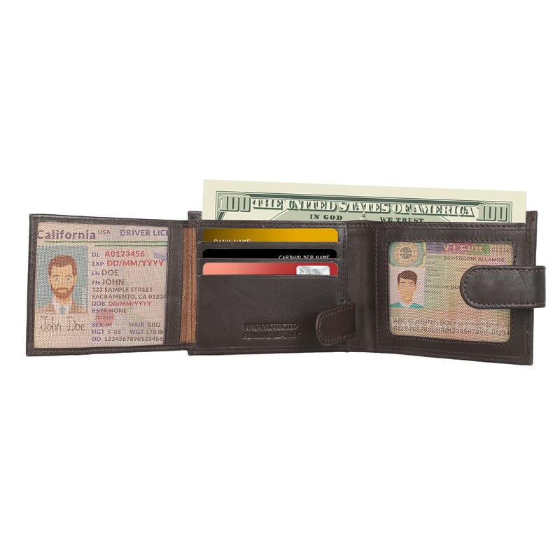 Passage Black Genuine Leather RFID Bi-Fold Men's Wallet with Snap Closure