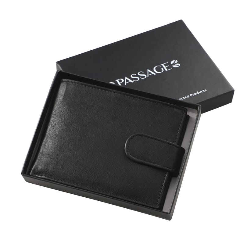 Passage Black Genuine Leather RFID Bi-Fold Men's Wallet with Snap Closure