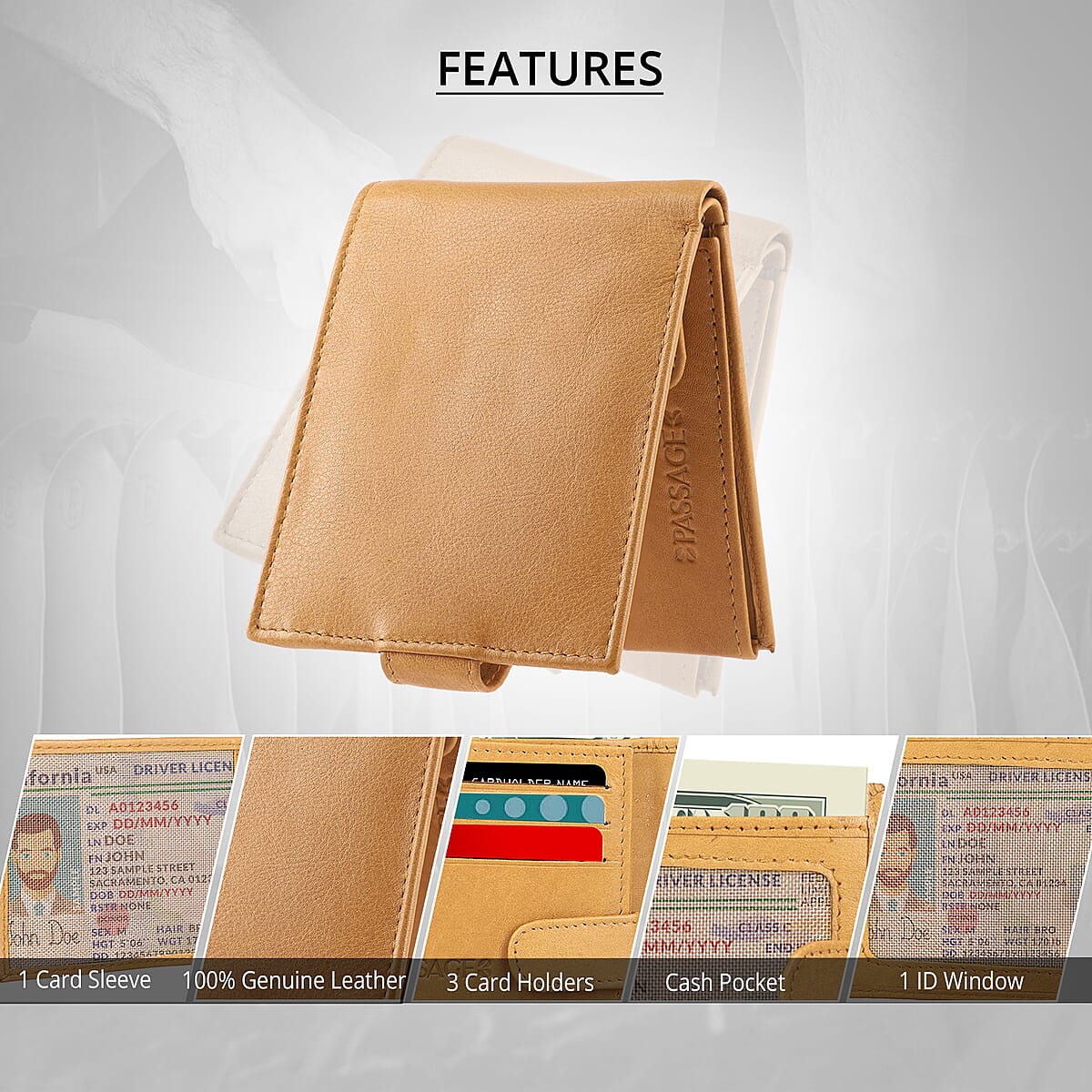 Passage Tan Genuine Leather RFID Bi-Fold Men's Wallet with Snap Closure image number 2