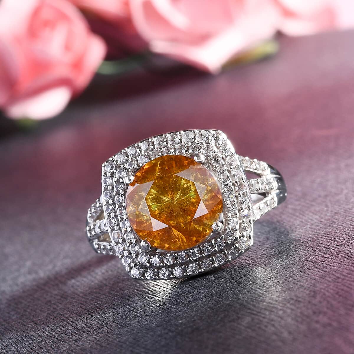 Picos Altos Light Orange Sphalerite and Zircon Cocktail Ring in Platinum Over Sterling Silver (Size 9.0) 4.50 ctw image number 1
