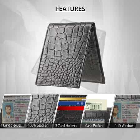 Passage Black Genuine Leather Croco Embossed RFID Bi-Fold Men's Wallet image number 2