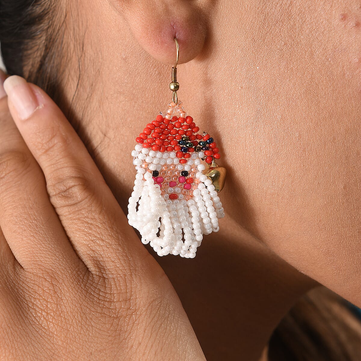 Red & White Seed Beaded Santa Claus Christmas Theme Earrings image number 1