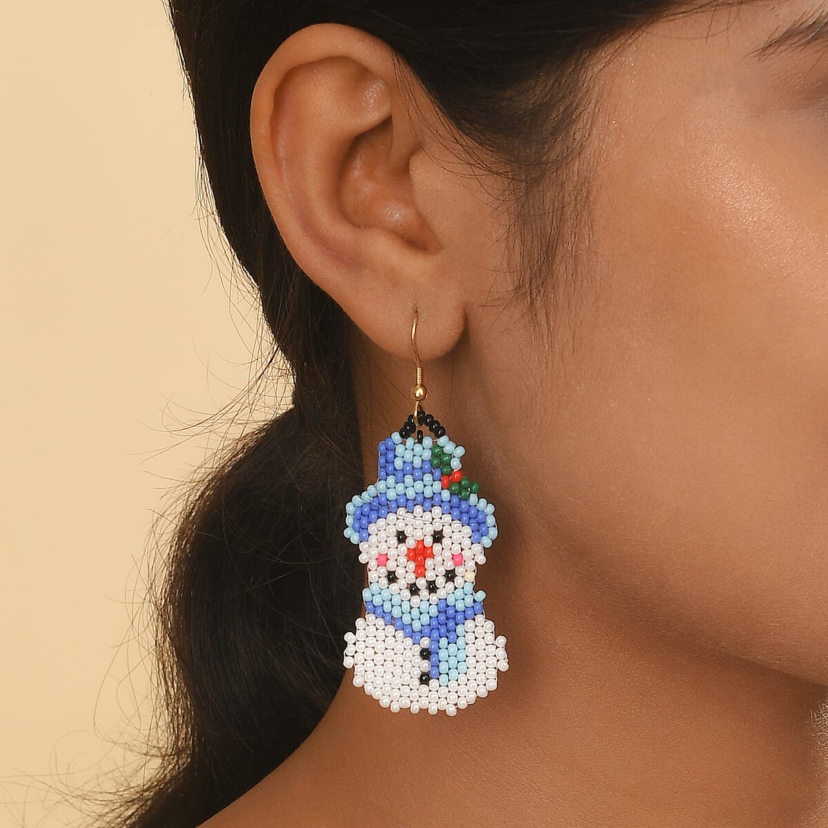 Blue & White Seed Beaded Snowman Christmas Theme Earrings image number 1