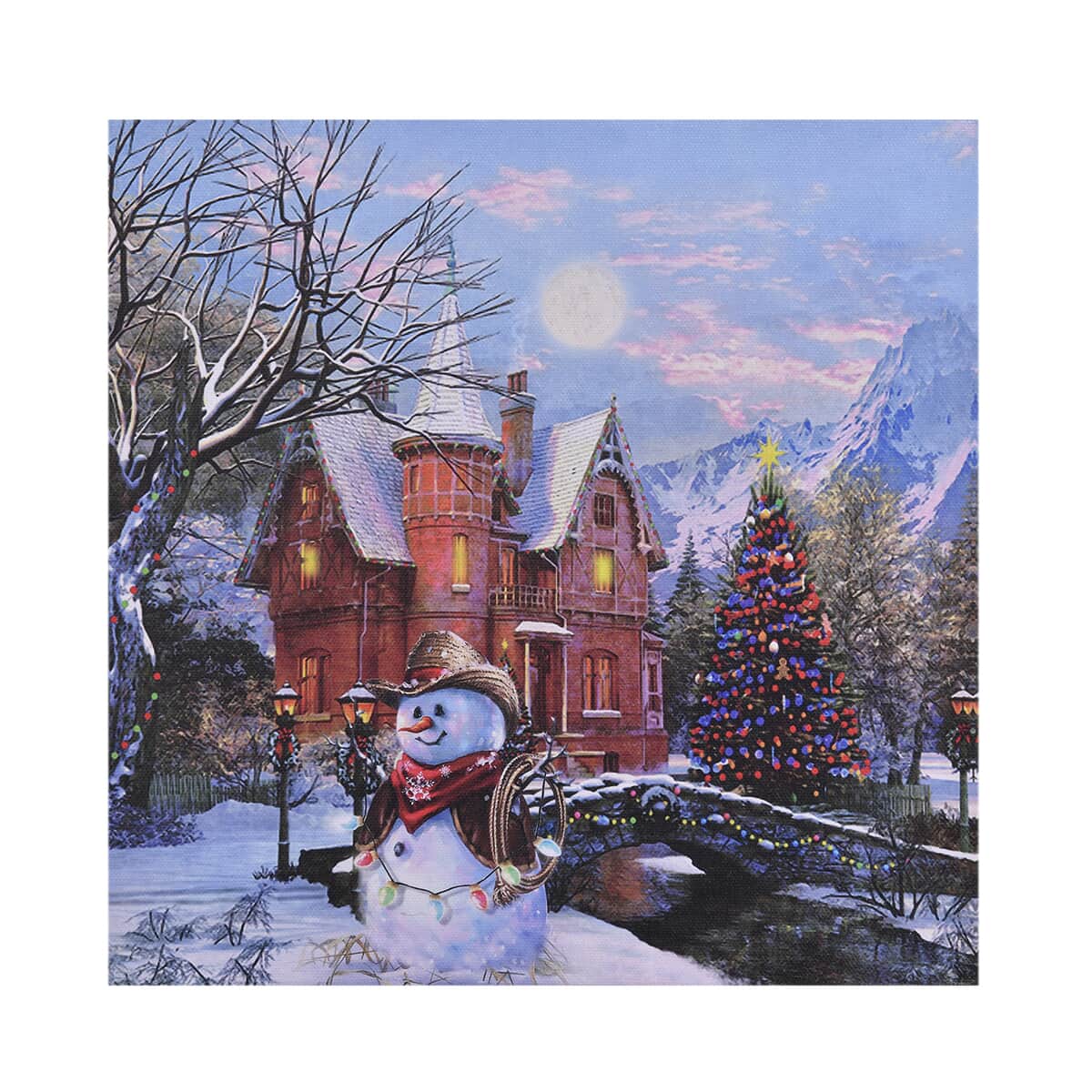 HOMESMART Multi Color Canvas 5-LED Snowman and House Painting (9.84"x0.019"x9.84") (2xAA Battery Not Included) image number 0