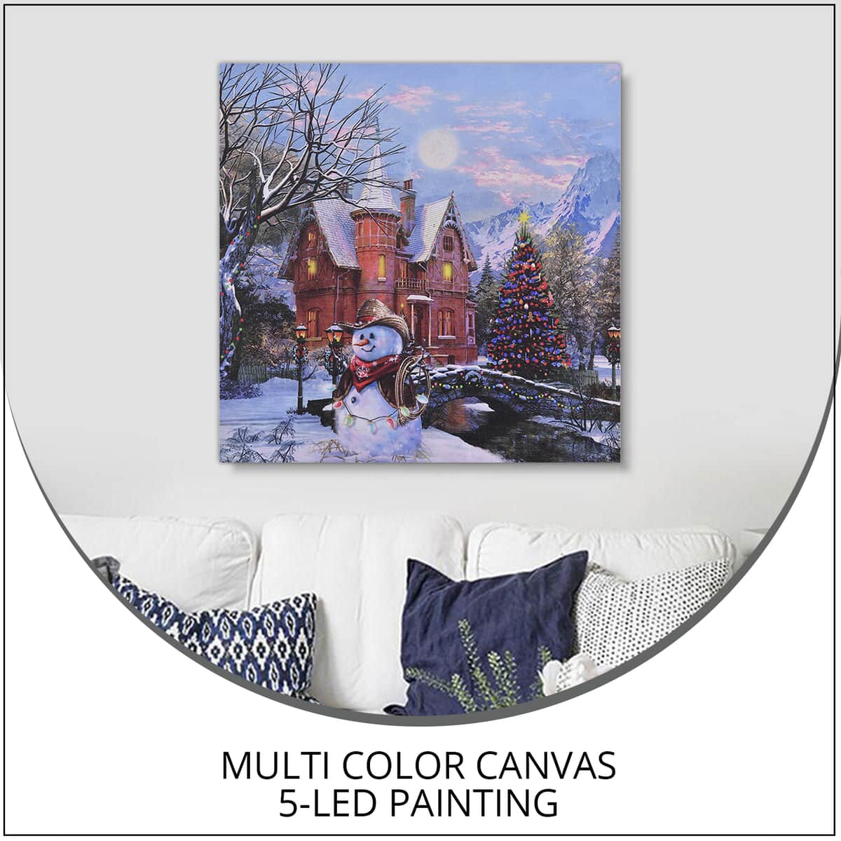 HOMESMART Multi Color Canvas 5-LED Snowman and House Painting (9.84"x0.019"x9.84") (2xAA Battery Not Included) image number 1