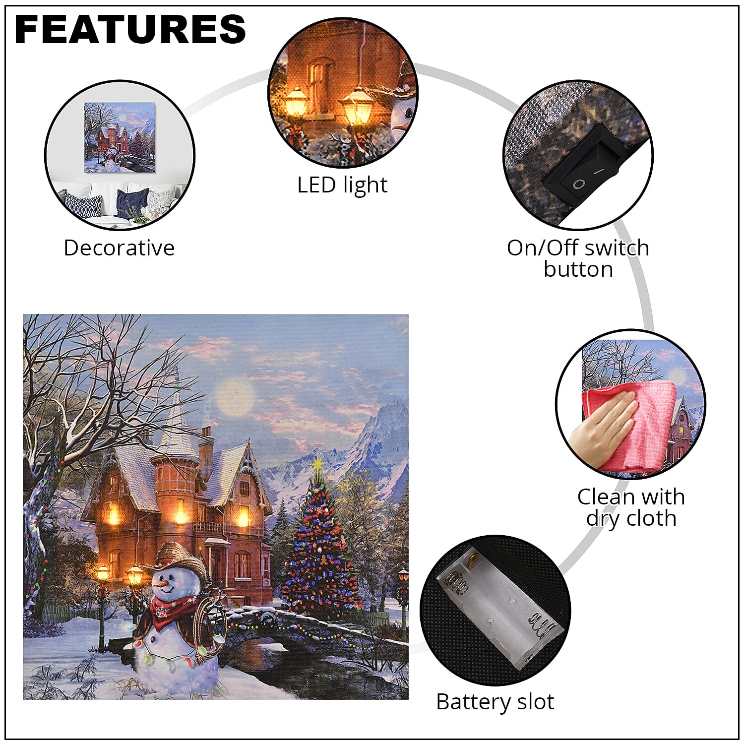 Homesmart Multi Color Canvas 5-LED Snowman and House Painting (2xAA Battery Not Included)