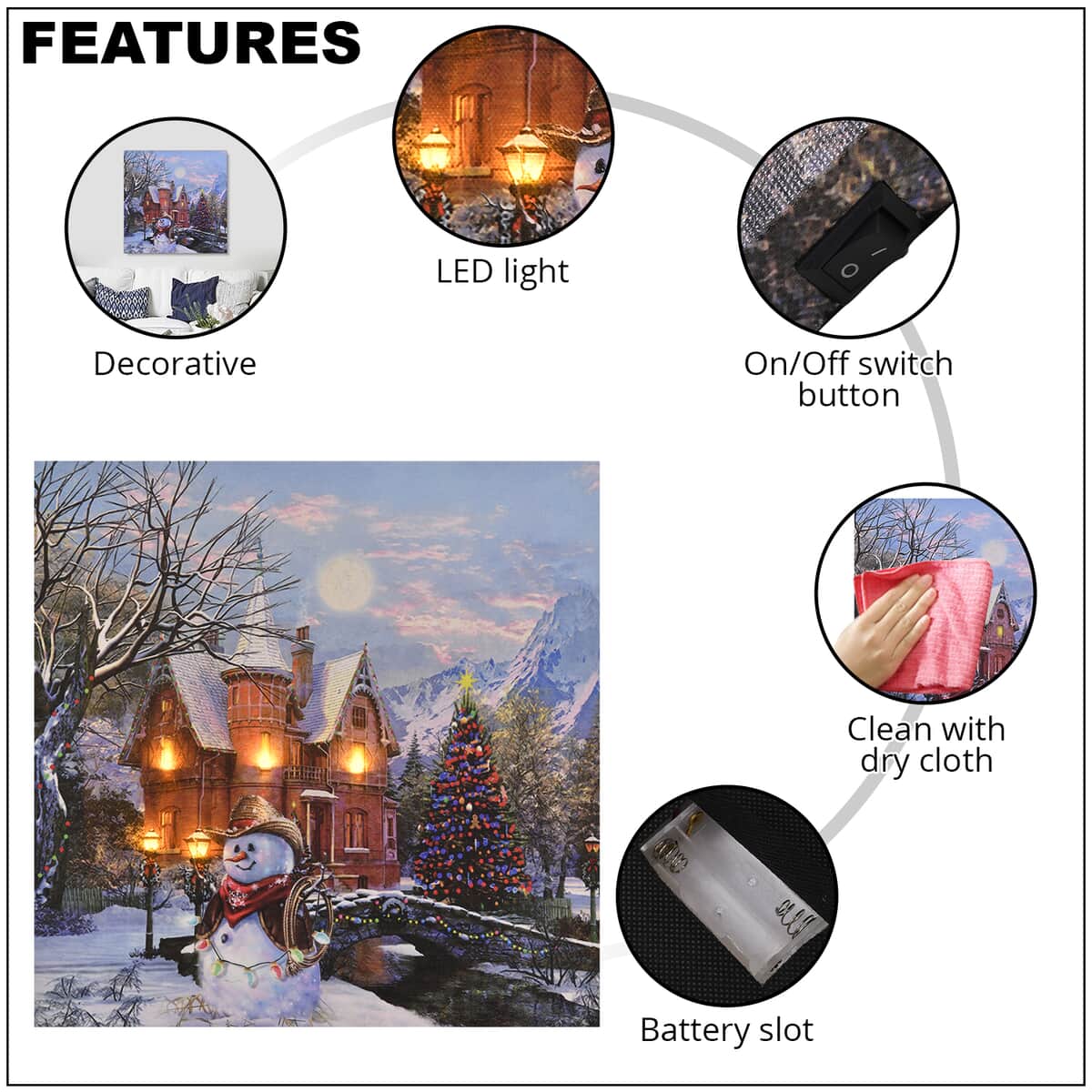 HOMESMART Multi Color Canvas 5-LED Snowman and House Painting (9.84"x0.019"x9.84") (2xAA Battery Not Included) image number 2