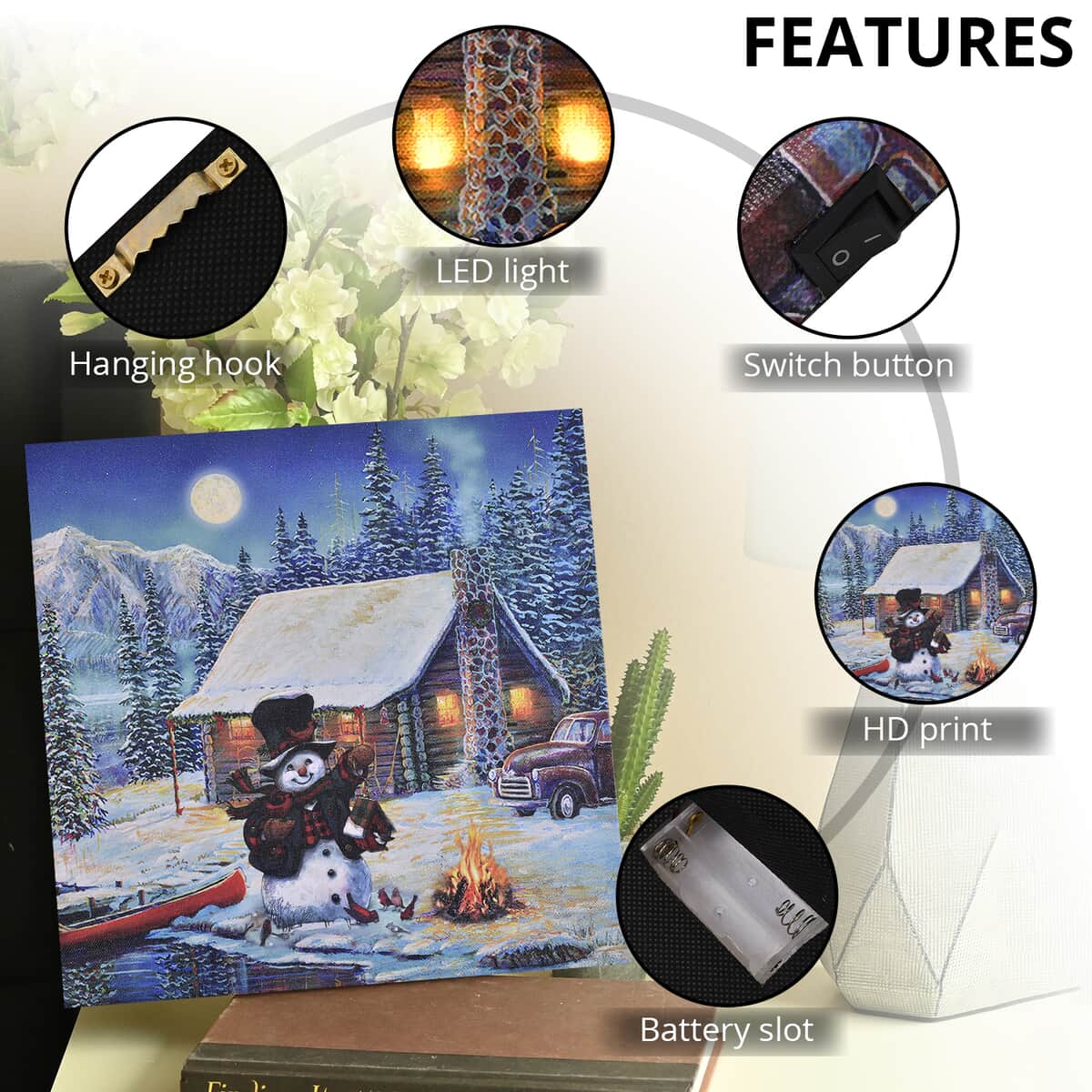 Homesmart Multi Color Canvas 4-LED Snowman Fireworks Painting (2xAA Battery Not Included) image number 2
