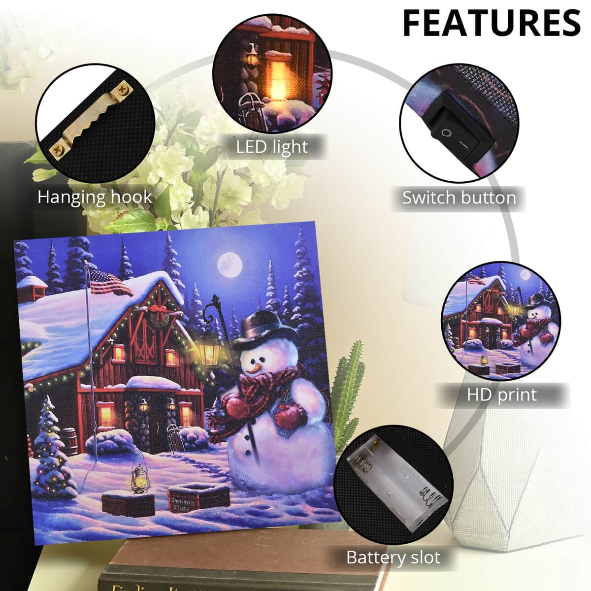 Homesmart Multi Color Canvas 4-LED Snowman with Lantern Painting (2xAA Battery Not Included) image number 2