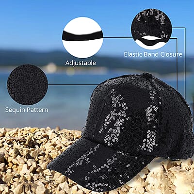 Black Color Sequin Baseball Cap | Designer Baseball Sun Cap | Outdoor Polyester Cap