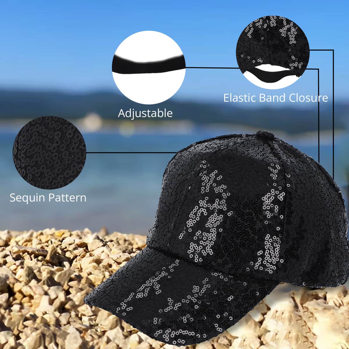Black Color Sequince Baseball Cap image number 3