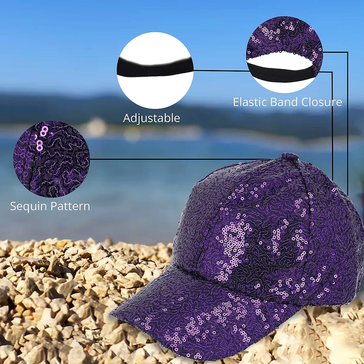 Purple Color Sequin Baseball Cap | Designer Baseball Sun Cap | Outdoor Polyester Cap image number 3