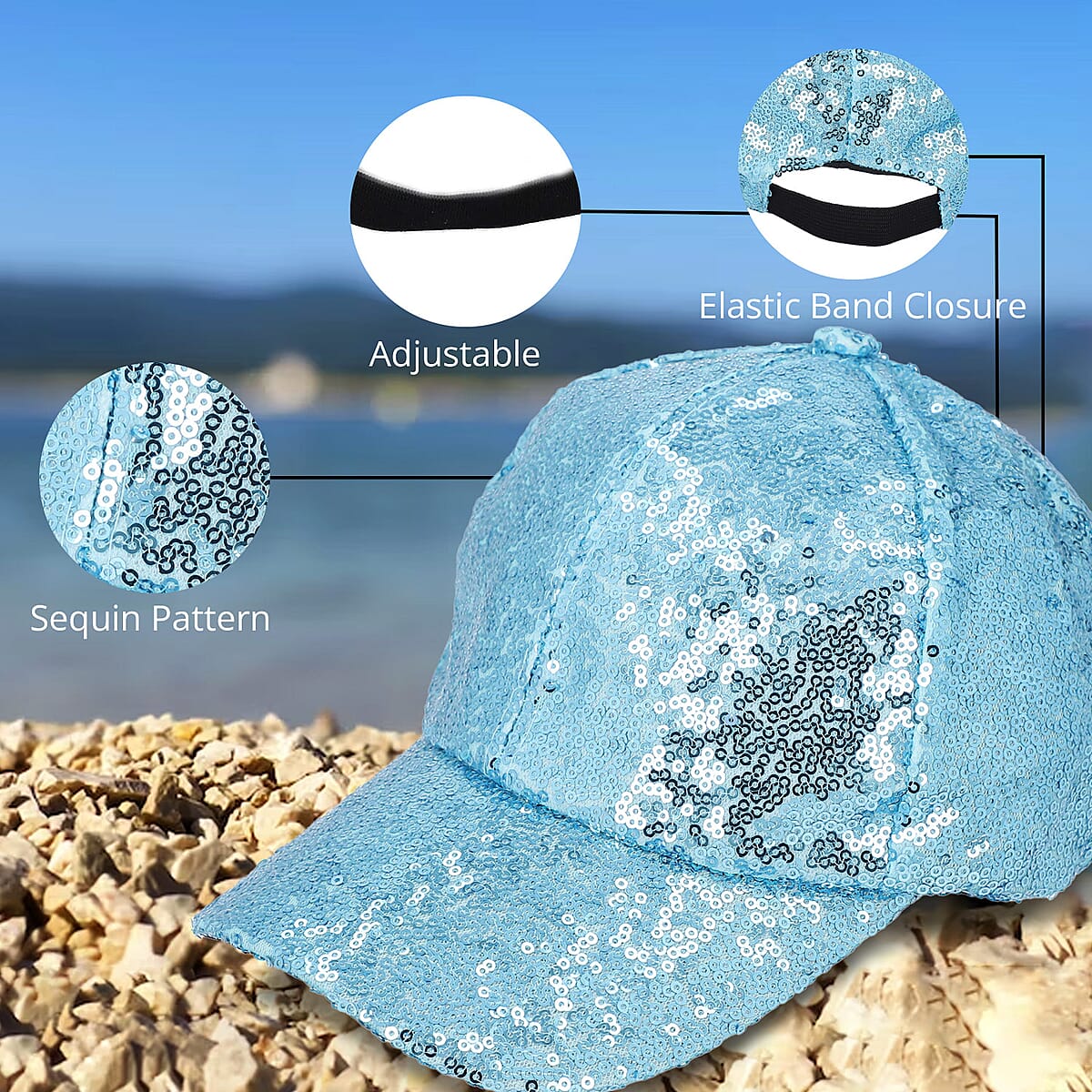 Light Blue Color Sequin Baseball Cap | Designer Baseball Sun Cap | Outdoor Polyester Cap image number 3