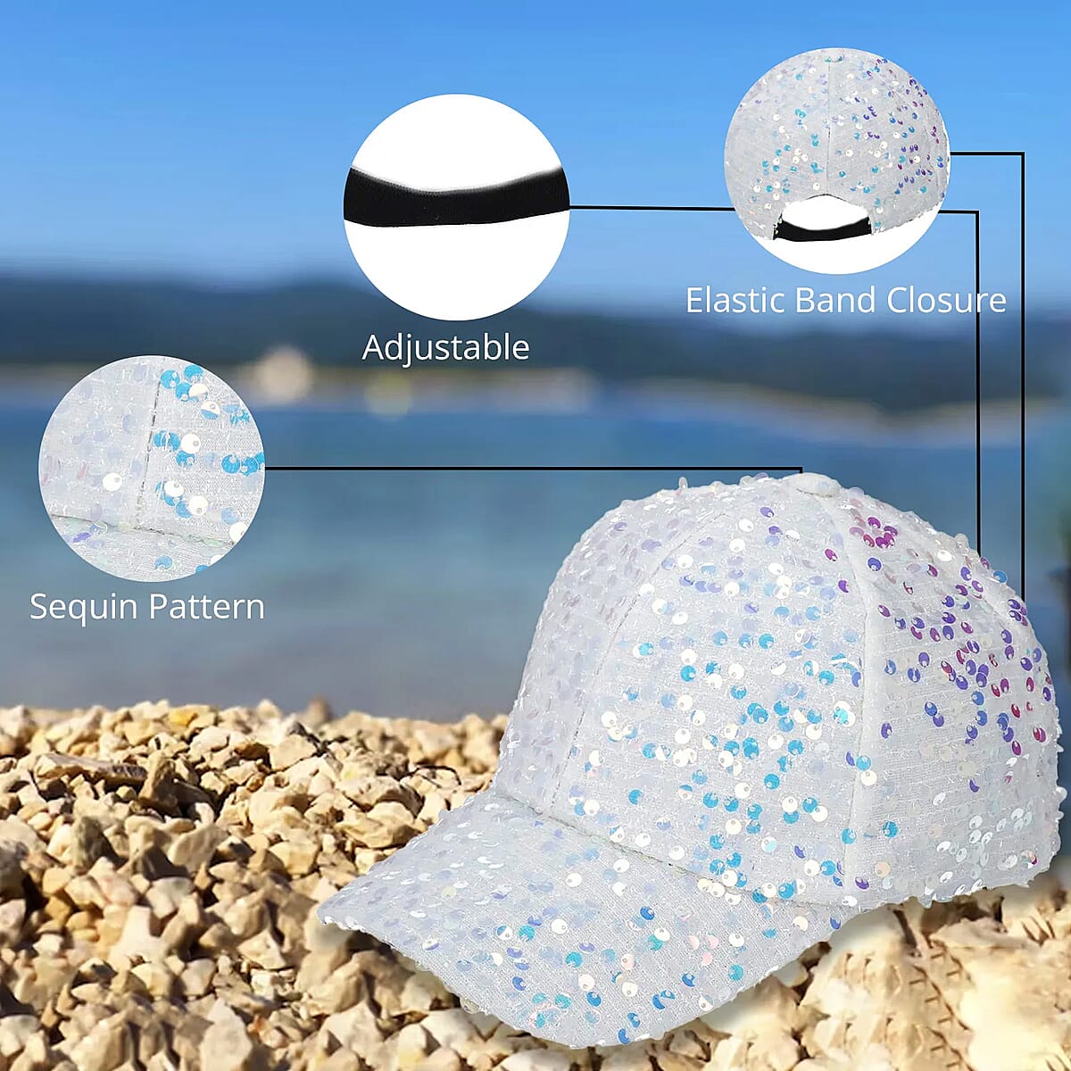 White Color Sequin Baseball Cap | Designer Baseball Sun Cap | Outdoor Polyester Cap image number 2