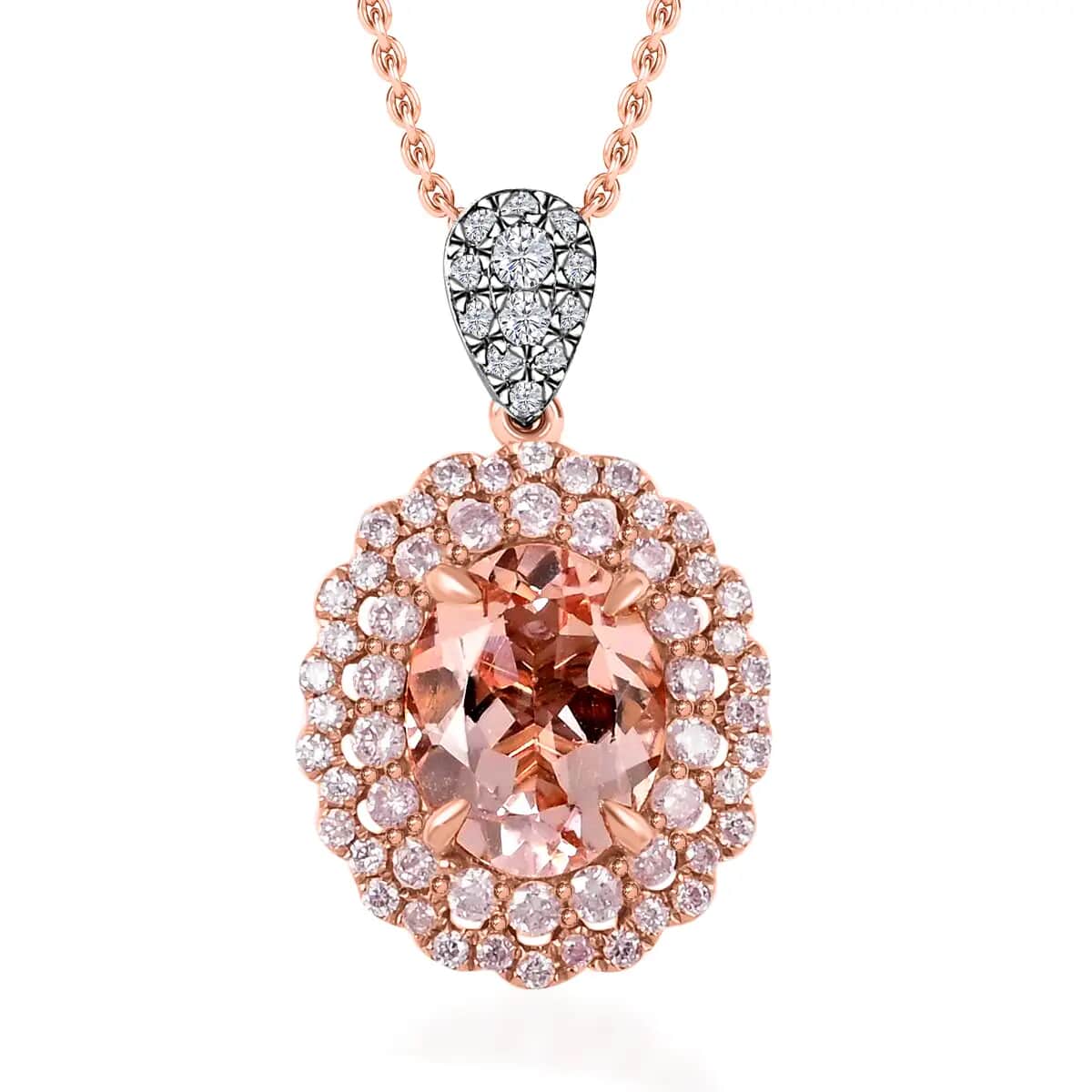 14K Rose Gold Marropino Morganite Necklace, Natural Pink Diamond Accent Necklace, 18 inch Necklace, 14K Rose Gold Necklace 2.70 ctw , Shop LC