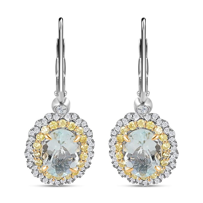 Mangoro Aquamarine, Natural Yellow and White Diamond 2.35 ctw Earrings in 14K White and Yellow Gold