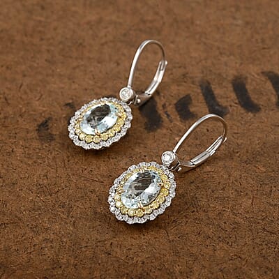 Mangoro Aquamarine, Natural Yellow and White Diamond 2.35 ctw Earrings in 14K White and Yellow Gold