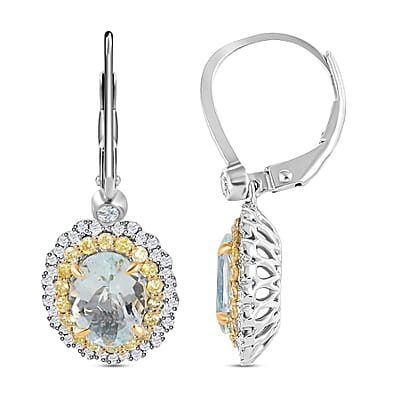 Mangoro Aquamarine, Natural Yellow and White Diamond 2.35 ctw Earrings in 14K White and Yellow Gold