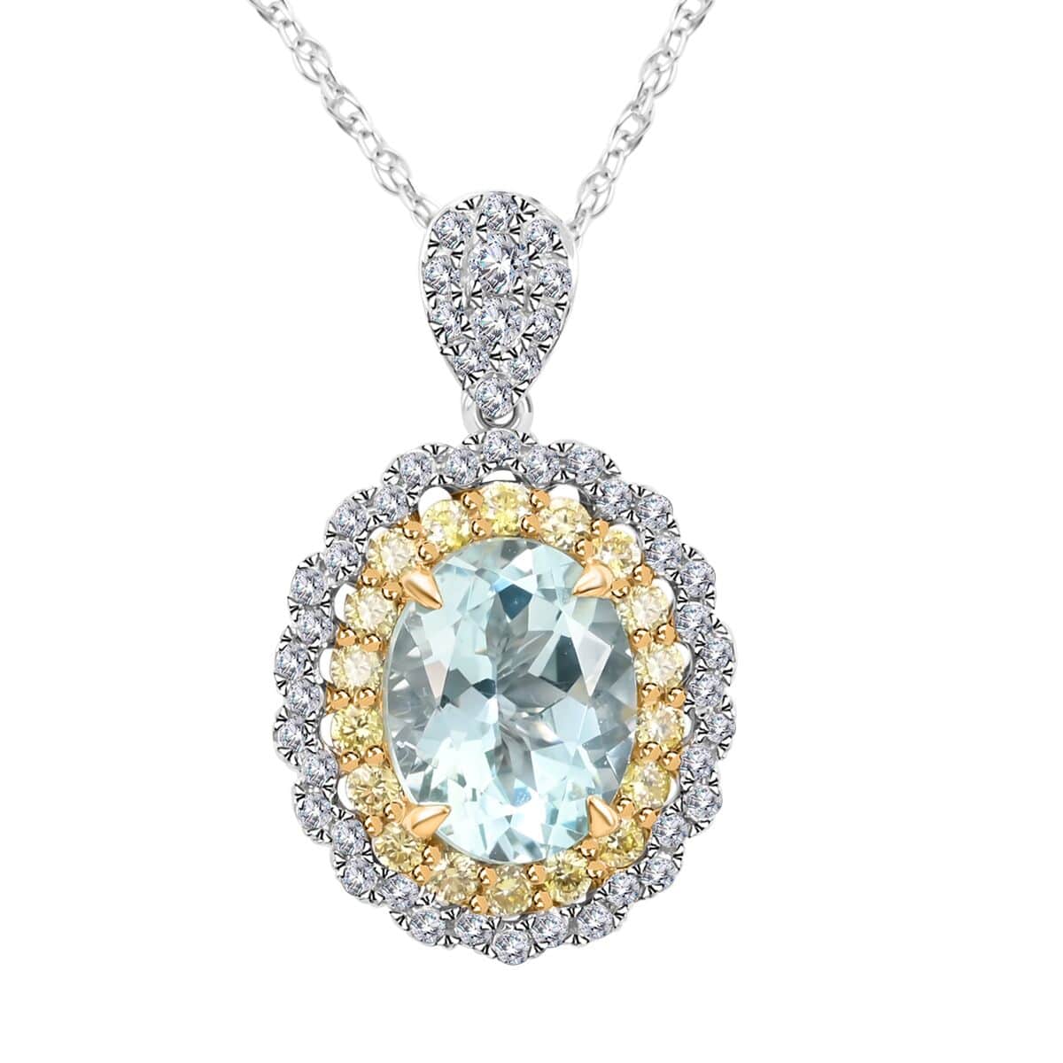 14K White and Yellow Gold Mangoro Aquamarine, Natural Yellow and White Diamond Necklace 18 Inches 2.10 ctw image number 0