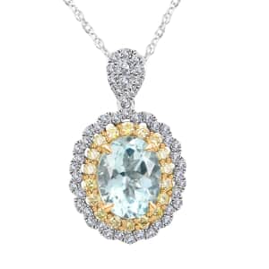 14K White and Yellow Gold Mangoro Aquamarine, Natural Yellow and White Diamond Necklace 18 Inches 2.10 ctw