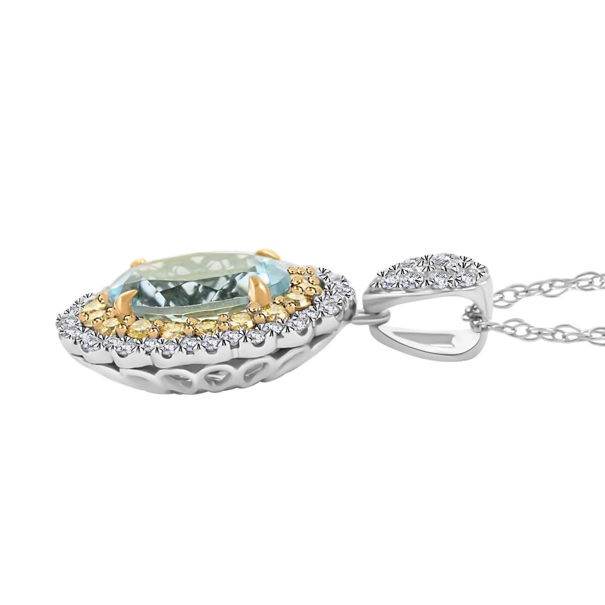 14K White and Yellow Gold Mangoro Aquamarine, Natural Yellow and White Diamond Necklace 18 Inches 2.10 ctw image number 2