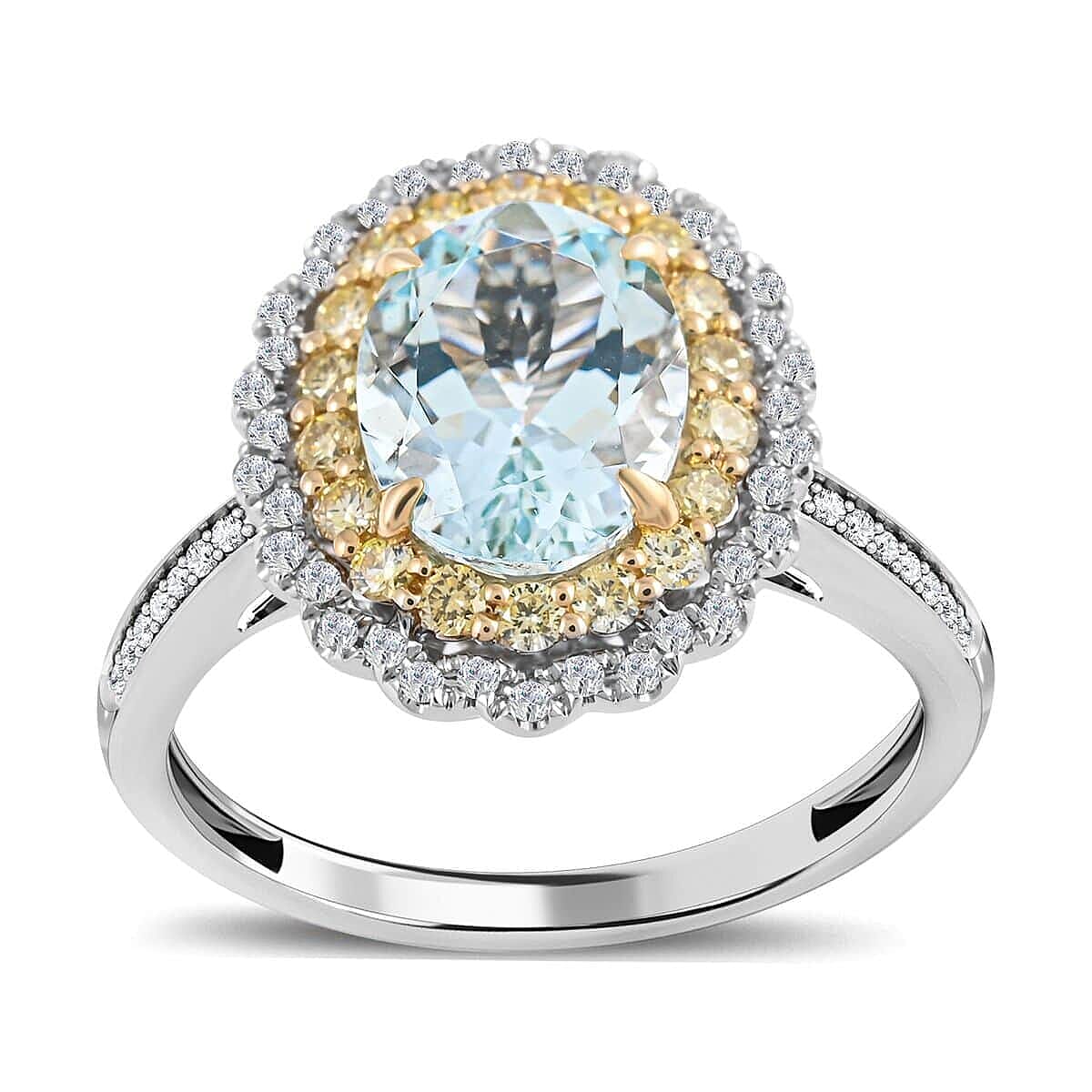 14K White and Yellow Gold Mangoro Aquamarine, Natural Yellow and White Diamond Ring (Size 10.0) 2.20 ctw