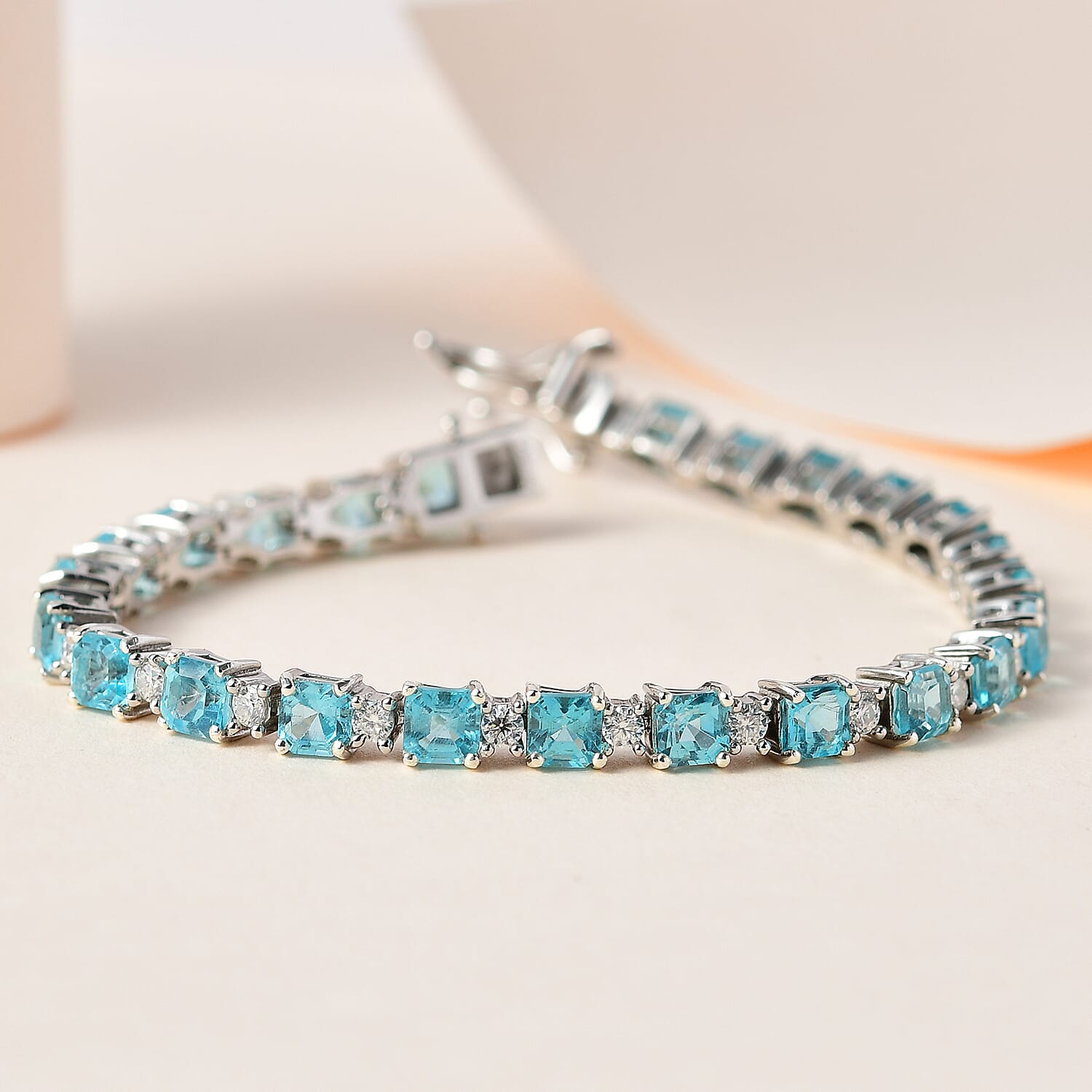 Asscher Cut Madagascar Paraiba Apatite and Moissanite Tennis Bracelet in Platinum Over Sterling Silver (6.50 In) 9.75 ctw